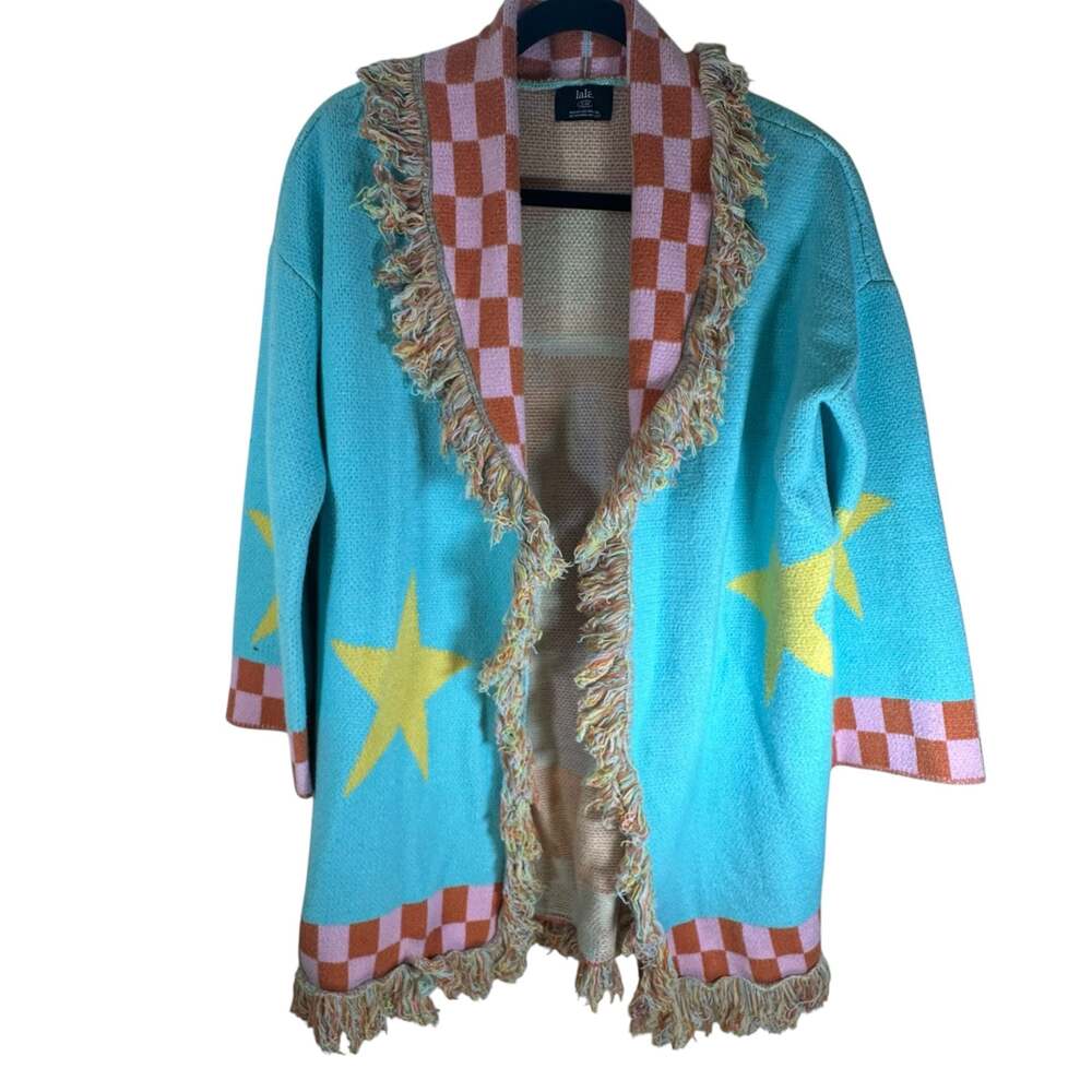 Dressed In Lala Star & UFO Pattern Luxe Fringe Blanket Cardigan S/M